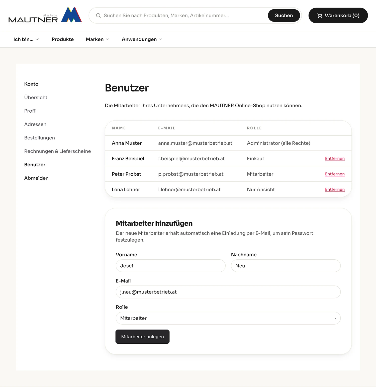 Benutzerverwaltung im MAUTNER Konto mit Rollen für Mitarbeiter