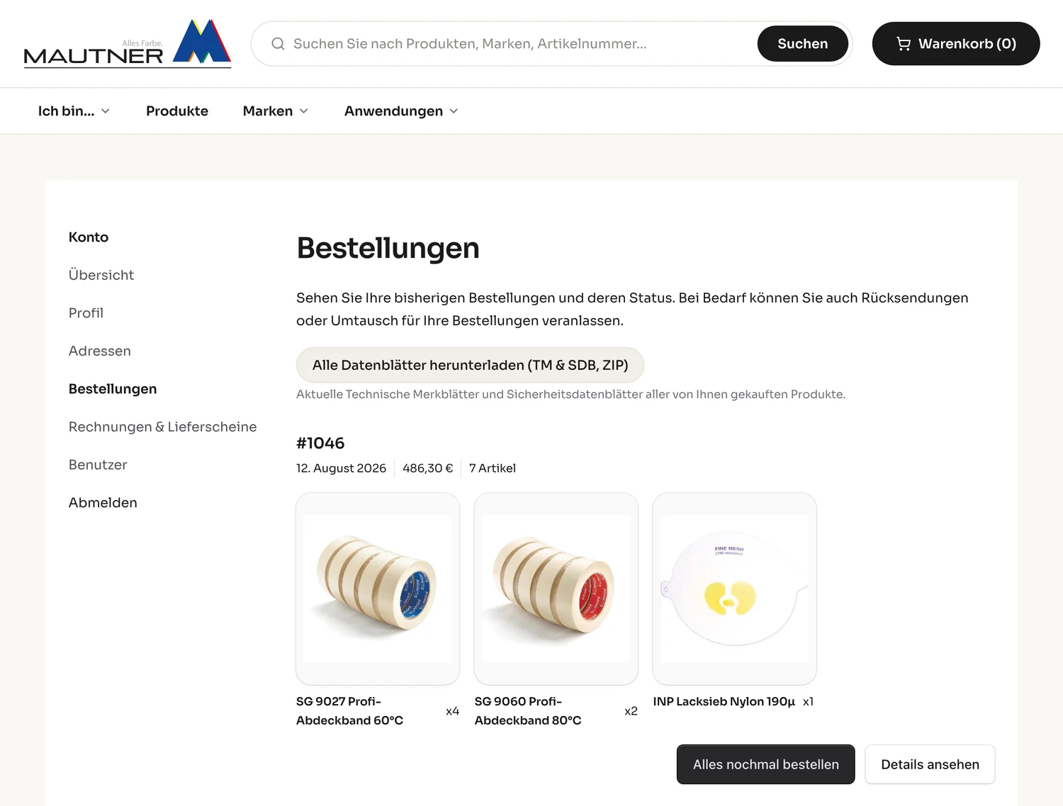Bestellungen im MAUTNER Konto mit Nachbestellen und Datenblättern als ZIP