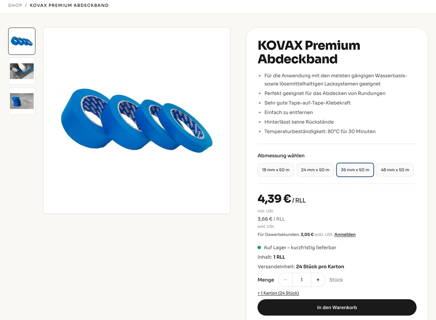 Produktseite im MAUTNER Online-Shop mit Varianten, Preis für Gewerbekunden und Lagerstand