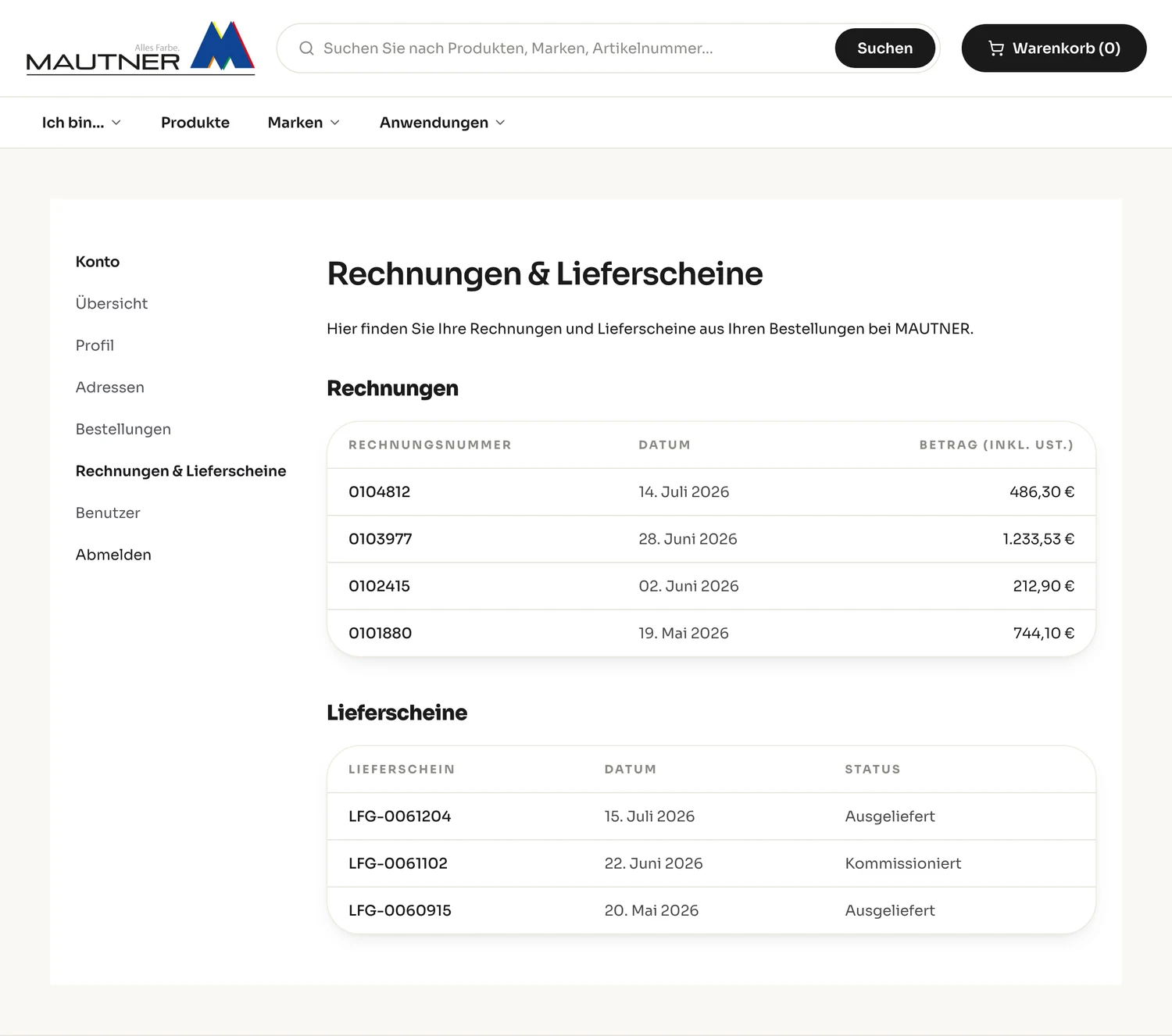 Rechnungen und Lieferscheine im MAUTNER Konto mit Nummer, Datum, Betrag und Status