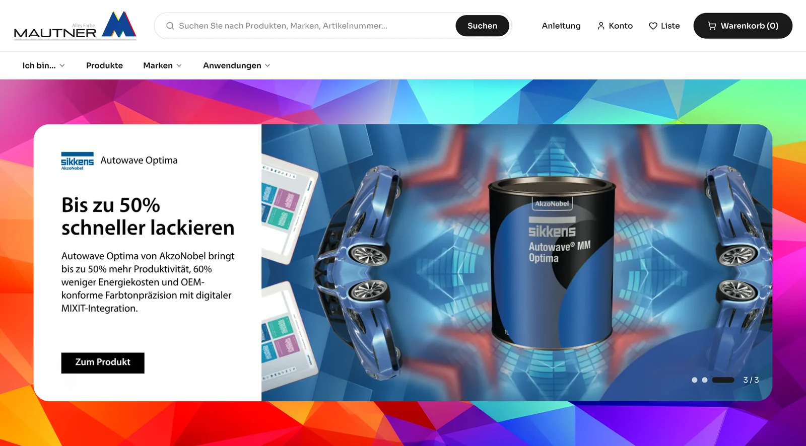 Startseite des MAUTNER Online-Shops mit Suche, Sortimenten und Marken